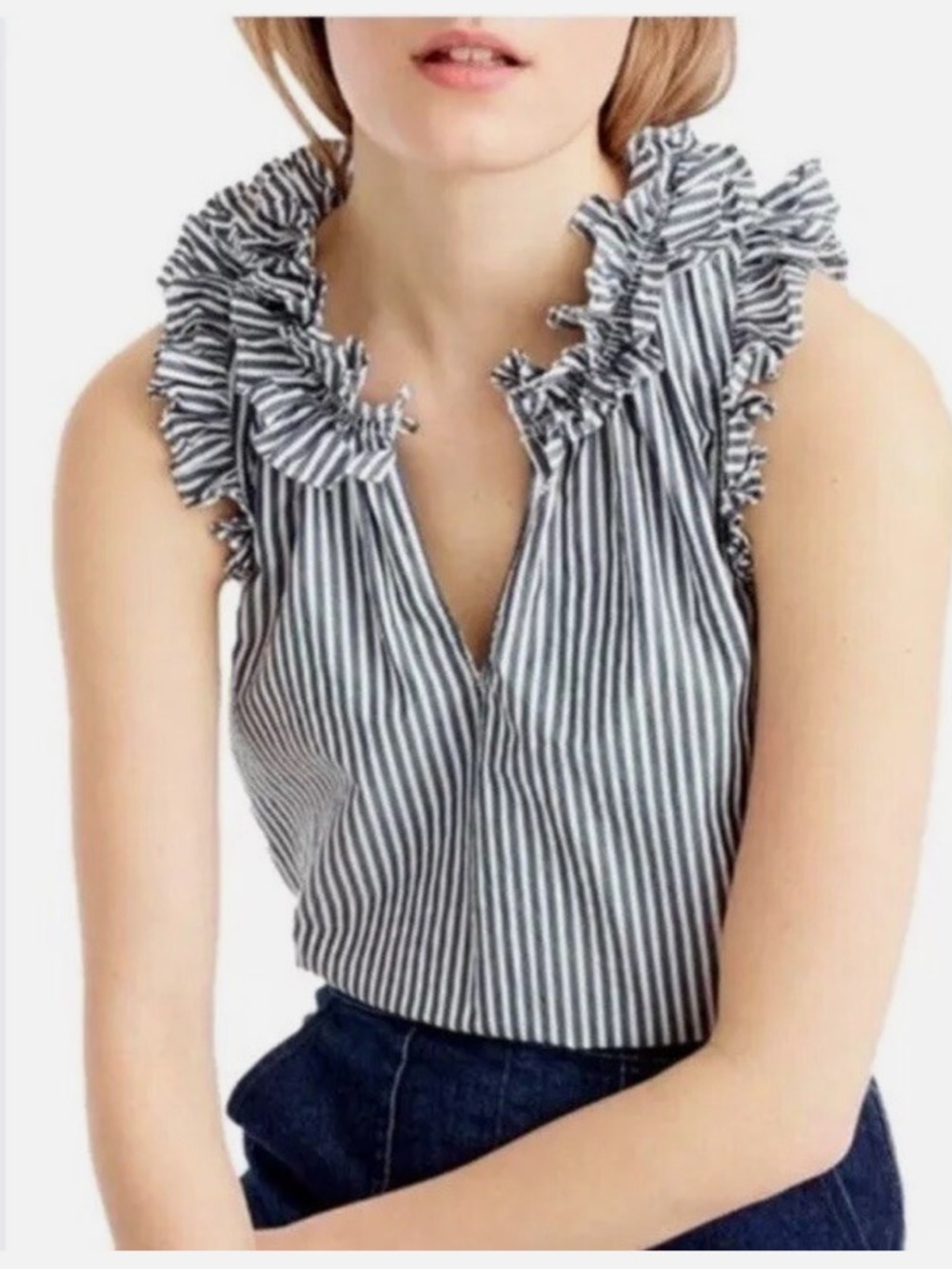 J. Crew Blue & White Striped Ruffle Sleeveless Top